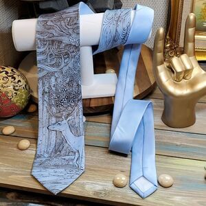 Umo Lorenzo Scatterbrainities Deer in Forest Print Men's Tie Lt Blue